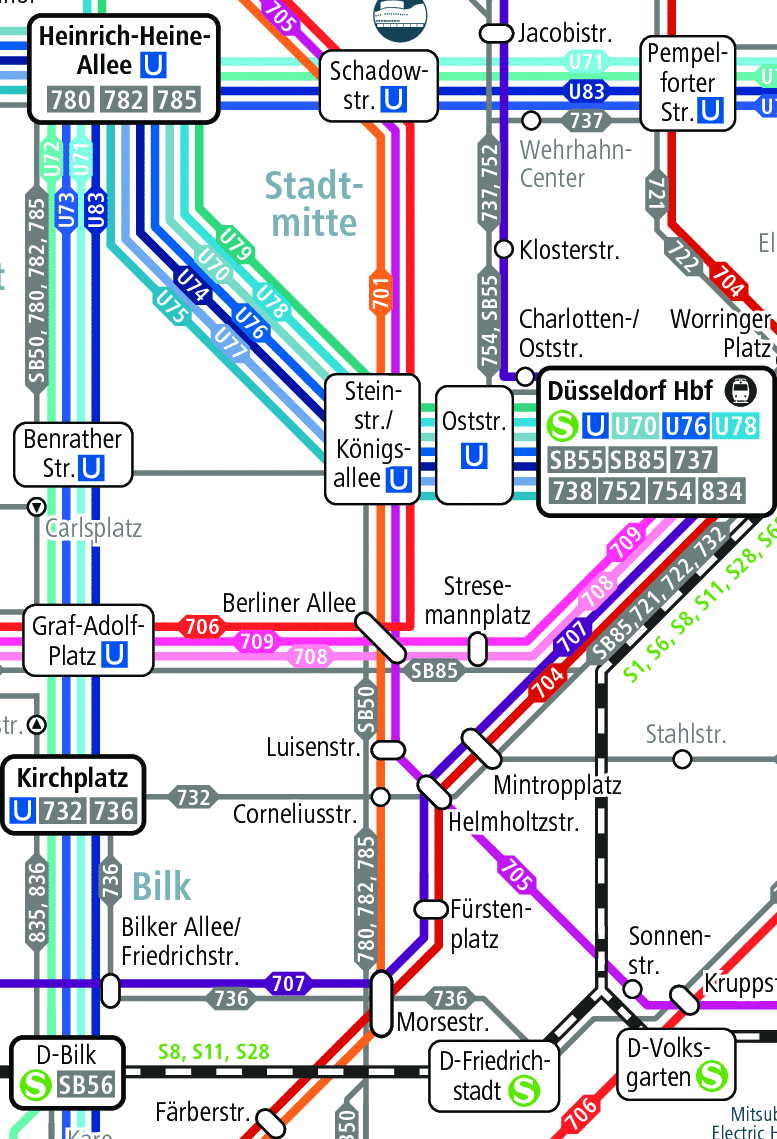 Ausschnitt aus dem Liniennetzplan Düsseldorf der Rheinbahn